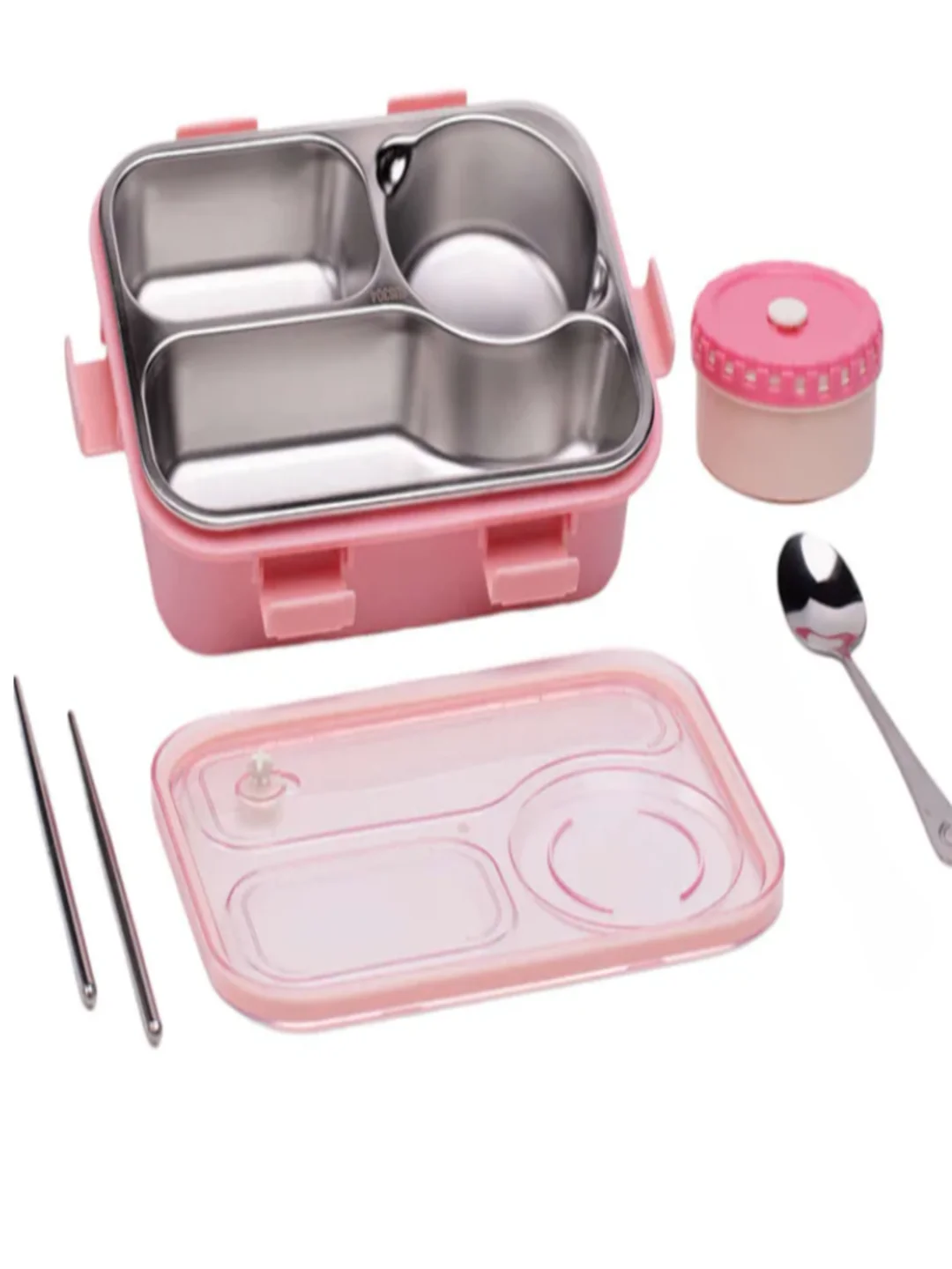 Premium 3 Compartment Leak-Proof BPA Free Stainless Steel Lunch Box 750 ml for Kids| School & Office with Fork|Spoon, Chopsticks |Pink image 5
