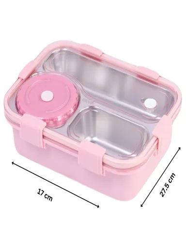 Premium 3 Compartment Leak-Proof BPA Free Stainless Steel Lunch Box 750 ml for Kids| School & Office with Fork|Spoon, Chopsticks |Pink thumbnail 3