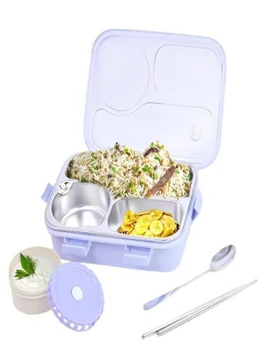 Lunch Box 3 Compartment Leak-Proof BPA Free Stainless Steel| Lunch Box for Kids, Lunch Box for School & Office with a Fork| a Spoon and a Pair of Chopsticks |Purple| 750 ml thumbnail 3