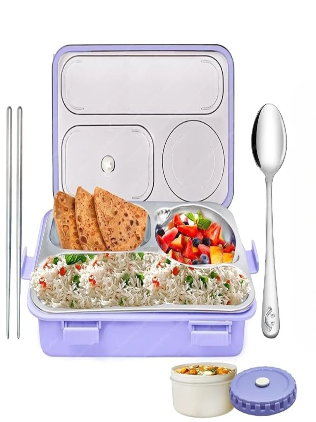 Lunch Box 3 Compartment Leak-Proof BPA Free Stainless Steel| Lunch Box for Kids, Lunch Box for School & Office with a Fork| a Spoon and a Pair of Chopsticks |Purple| 750 ml image 1