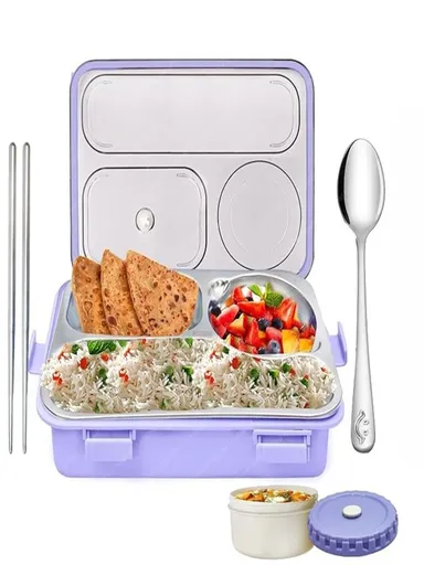 Lunch Box 3 Compartment Leak-Proof BPA Free Stainless Steel| Lunch Box for Kids, Lunch Box for School & Office with a Fork| a Spoon and a Pair of Chopsticks |Purple| 750 ml