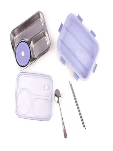 Lunch Box 3 Compartment Leak-Proof BPA Free Stainless Steel| Lunch Box for Kids, Lunch Box for School & Office with a Fork| a Spoon and a Pair of Chopsticks |Purple| 750 ml thumbnail 1