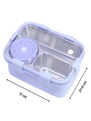 Lunch Box 3 Compartment Leak-Proof BPA Free Stainless Steel| Lunch Box for Kids, Lunch Box for School & Office with a Fork| a Spoon and a Pair of Chopsticks |Purple| 750 ml thumbnail 2