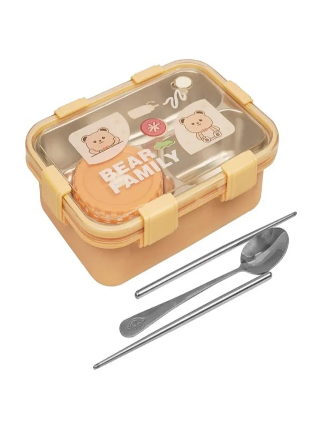 Lunch Box 3 Compartment Leak-Proof BPA Free Stainless Steel, Lunch Box for Kids, Lunch Box for School & Office with a Fork, a Spoon and a Pair of Chopsticks Bear Family Yellow image 1