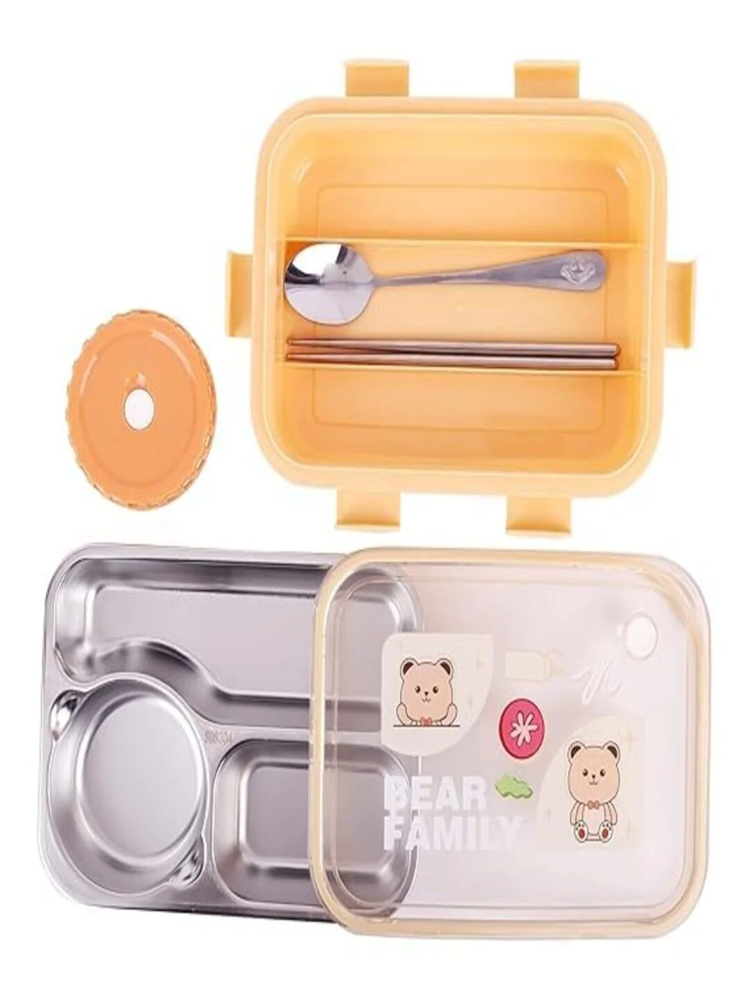 Lunch Box 3 Compartment Leak-Proof BPA Free Stainless Steel, Lunch Box for Kids, Lunch Box for School & Office with a Fork, a Spoon and a Pair of Chopsticks Bear Family Yellow image 2