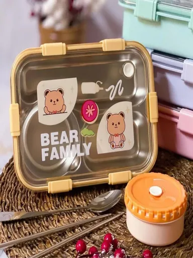  Lunch Box 3 Compartment Leak-Proof BPA Free Stainless Steel, Lunch Box for Kids, Lunch Box for School & Office with a Fork, a Spoon and a Pair of Chopsticks Bear Family Yellow thumbnail 4
