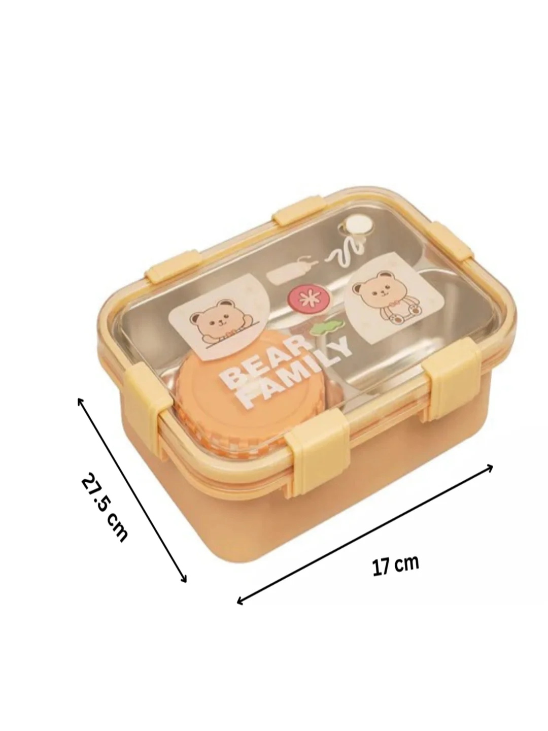 Lunch Box 3 Compartment Leak-Proof BPA Free Stainless Steel, Lunch Box for Kids, Lunch Box for School & Office with a Fork, a Spoon and a Pair of Chopsticks Bear Family Yellow image 4