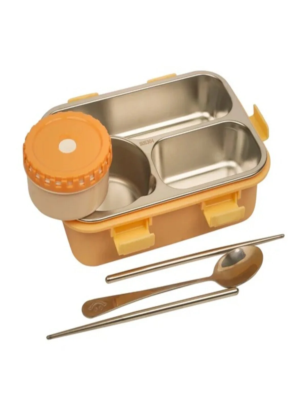 Lunch Box 3 Compartment Leak-Proof BPA Free Stainless Steel, Lunch Box for Kids, Lunch Box for School & Office with a Fork, a Spoon and a Pair of Chopsticks Bear Family Yellow image 6