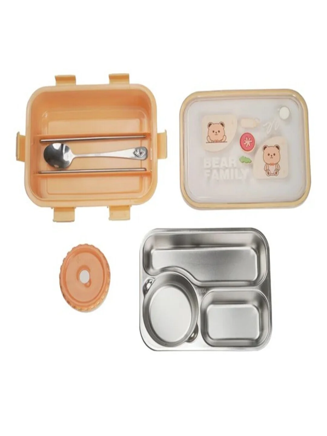 Lunch Box 3 Compartment Leak-Proof BPA Free Stainless Steel, Lunch Box for Kids, Lunch Box for School & Office with a Fork, a Spoon and a Pair of Chopsticks Bear Family Yellow image 3