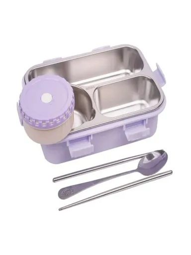 Stainless Steel Lunch Box for Kids School and Office with Fork Spoon Chopsticks Bear Family| 3 Compartment Leak Proof BPA Free|Purple thumbnail 1