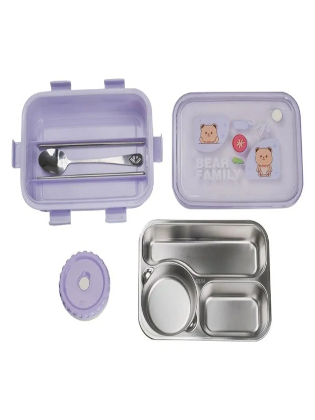 Stainless Steel Lunch Box for Kids School and Office with Fork Spoon Chopsticks Bear Family| 3 Compartment Leak Proof BPA Free|Purple image 3