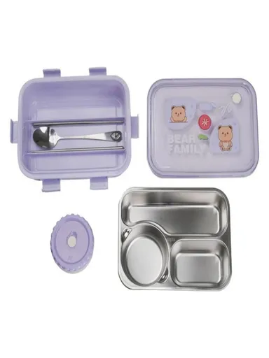 Stainless Steel Lunch Box for Kids School and Office with Fork Spoon Chopsticks Bear Family| 3 Compartment Leak Proof BPA Free|Purple thumbnail 2