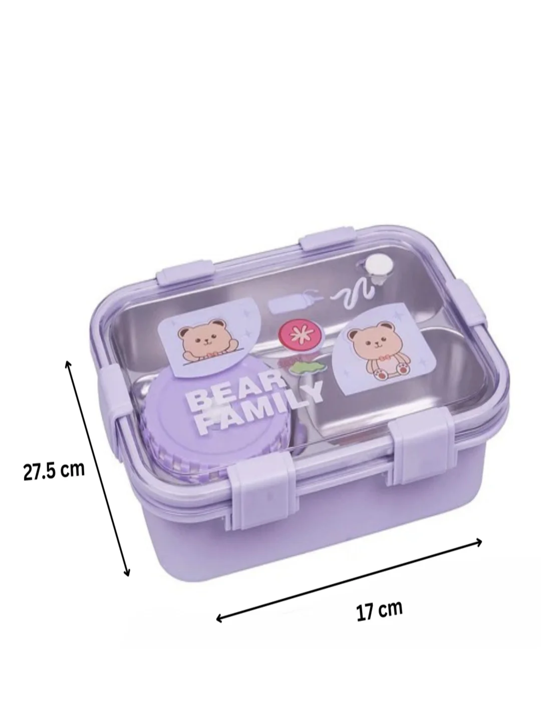 Stainless Steel Lunch Box for Kids School and Office with Fork Spoon Chopsticks Bear Family| 3 Compartment Leak Proof BPA Free|Purple image 4