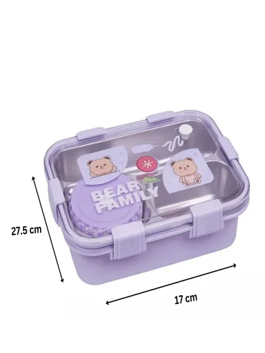 Stainless Steel Lunch Box for Kids School and Office with Fork Spoon Chopsticks Bear Family| 3 Compartment Leak Proof BPA Free|Purple thumbnail 3