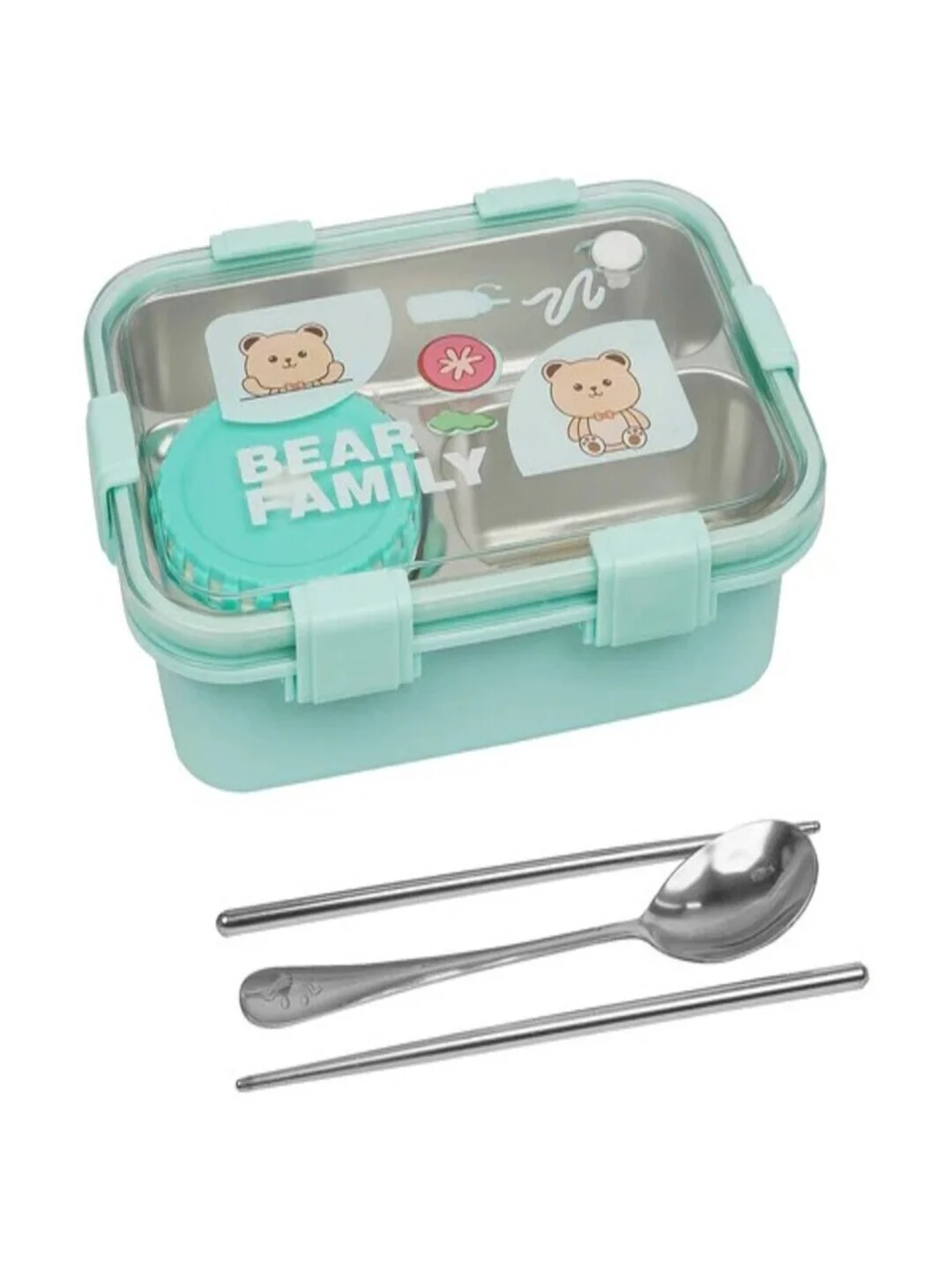 Lunch Box 3 Compartment Leak-Proof BPA Free Stainless Steel, Lunch Box for Kids, Lunch Box for School & Office with a Fork, a Spoon and a Pair of Chopsticks Bear Family Green image 1