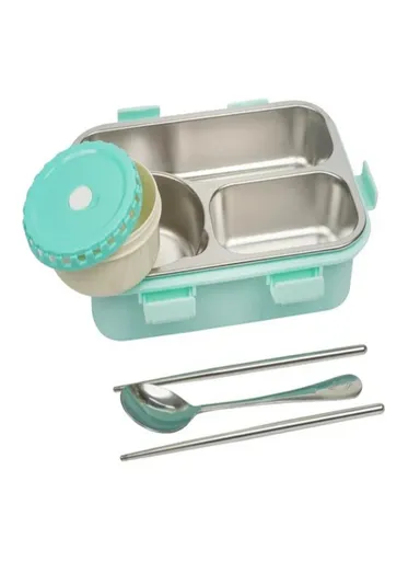 Lunch Box 3 Compartment Leak-Proof BPA Free Stainless Steel, Lunch Box for Kids, Lunch Box for School & Office with a Fork, a Spoon and a Pair of Chopsticks Bear Family Green thumbnail 4