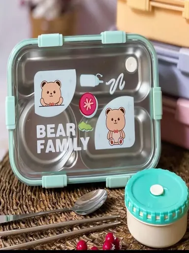 Lunch Box 3 Compartment Leak-Proof BPA Free Stainless Steel, Lunch Box for Kids, Lunch Box for School & Office with a Fork, a Spoon and a Pair of Chopsticks Bear Family Green thumbnail 3