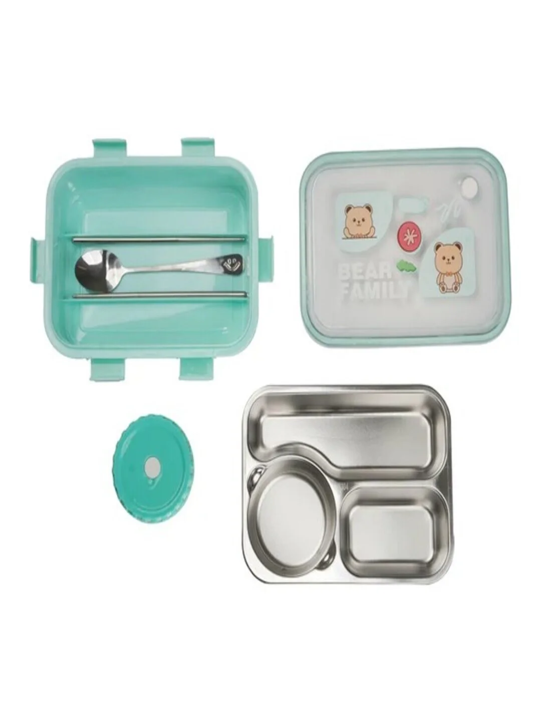 Lunch Box 3 Compartment Leak-Proof BPA Free Stainless Steel, Lunch Box for Kids, Lunch Box for School & Office with a Fork, a Spoon and a Pair of Chopsticks Bear Family Green image 2