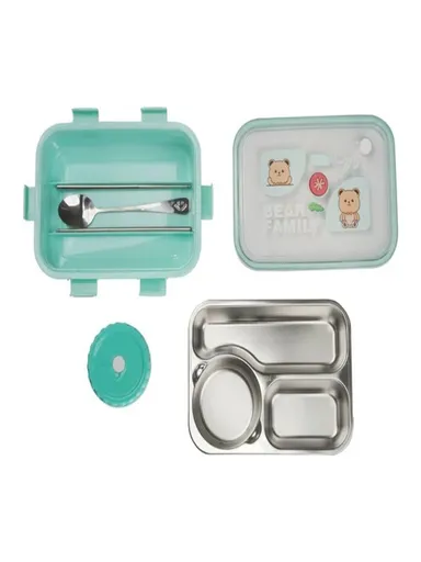 Lunch Box 3 Compartment Leak-Proof BPA Free Stainless Steel, Lunch Box for Kids, Lunch Box for School & Office with a Fork, a Spoon and a Pair of Chopsticks Bear Family Green thumbnail 1