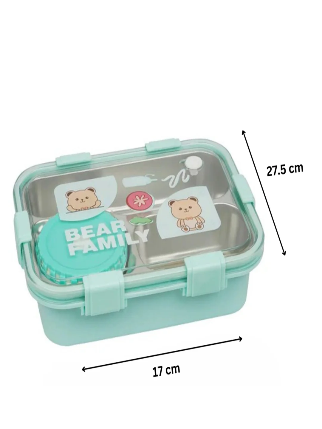 Lunch Box 3 Compartment Leak-Proof BPA Free Stainless Steel, Lunch Box for Kids, Lunch Box for School & Office with a Fork, a Spoon and a Pair of Chopsticks Bear Family Green image 3