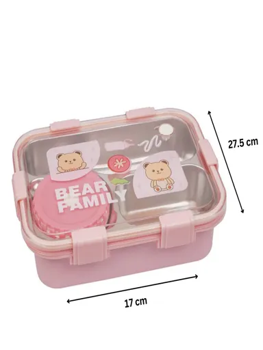  Family Compartment Stainless Steel Bento Lunch Box  with  Chopsticks &  Spoon  Pink Durable Leak‑Proof School Office Travel Food Container, Kids & Adults Tiffin Box thumbnail 4