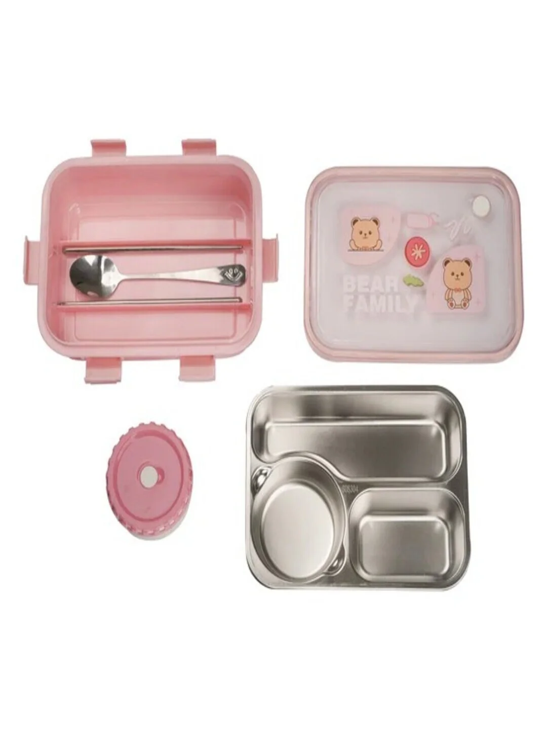 Family Compartment Stainless Steel Bento Lunch Box with Chopsticks & Spoon Pink Durable Leak‑Proof School Office Travel Food Container, Kids & Adults Tiffin Box image 4