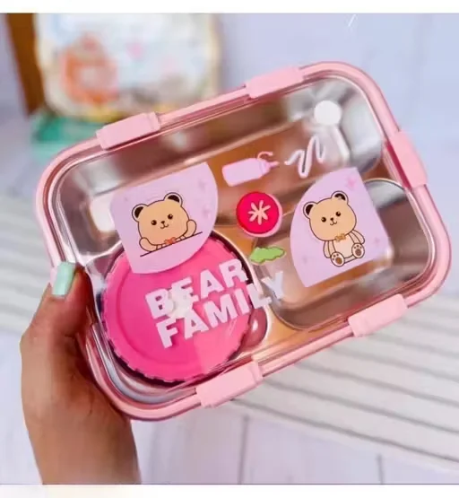 Family Compartment Stainless Steel Bento Lunch Box with Chopsticks & Spoon Pink Durable Leak‑Proof School Office Travel Food Container, Kids & Adults Tiffin Box image 1