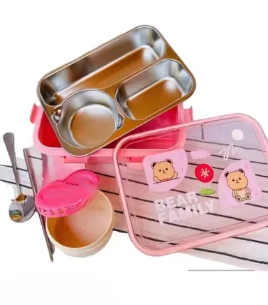  Family Compartment Stainless Steel Bento Lunch Box  with  Chopsticks &  Spoon  Pink Durable Leak‑Proof School Office Travel Food Container, Kids & Adults Tiffin Box thumbnail 1
