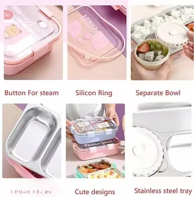 Family Compartment Stainless Steel Bento Lunch Box  with  Chopsticks &  Spoon  Pink Durable Leak‑Proof School Office Travel Food Container, Kids & Adults Tiffin Box thumbnail 2