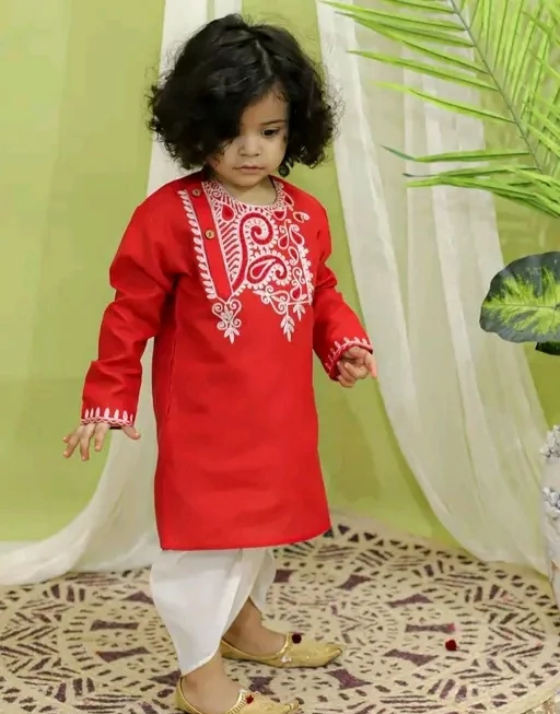 Little Prince Red Thread Work Kurta Dhoti Set for Boys | Traditional Indian Festive Wear Panjabi |Dhoti Combo , Kids Party | Wedding Outfit image 2