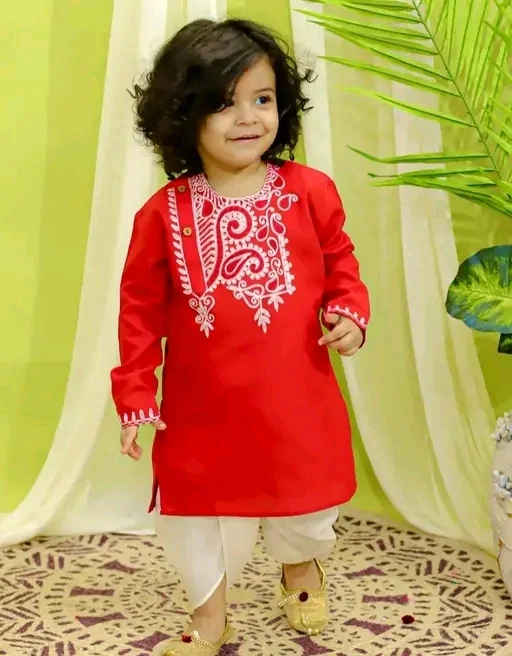Little Prince Red Thread Work Kurta Dhoti Set for Boys | Traditional Indian Festive Wear Panjabi |Dhoti Combo , Kids Party | Wedding Outfit image 1