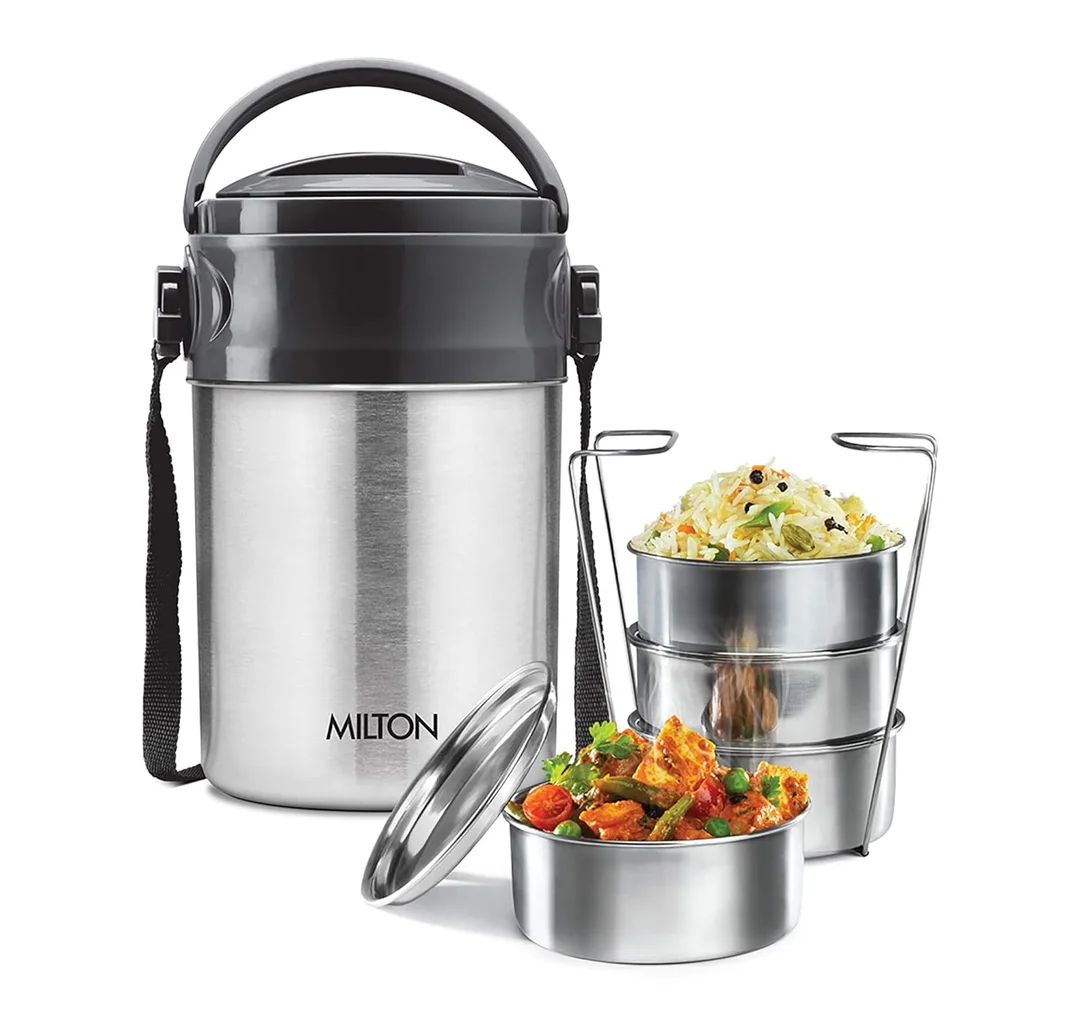 Milton Steel On 4 Tier Stainless Steel Lunch Box 360 ml Each PU Insulated Hot & Cold Tiffin for Office College Picnic Meal Prep, Silver image 1