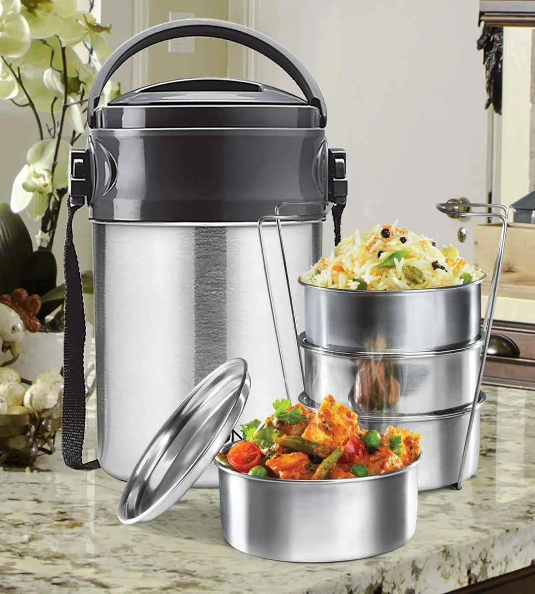 Milton Steel On 4 Tier Stainless Steel Lunch Box 360 ml Each PU Insulated Hot & Cold Tiffin for Office College Picnic Meal Prep, Silver image 2