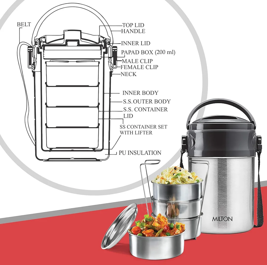 Milton Steel On 4 Tier Stainless Steel Lunch Box 360 ml Each PU Insulated Hot & Cold Tiffin for Office College Picnic Meal Prep, Silver image 5