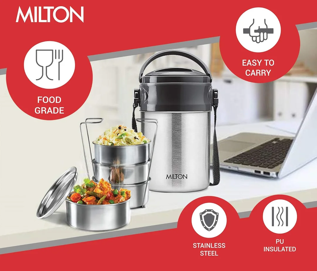 Milton Steel On 4 Tier Stainless Steel Lunch Box 360 ml Each PU Insulated Hot & Cold Tiffin for Office College Picnic Meal Prep, Silver image 6