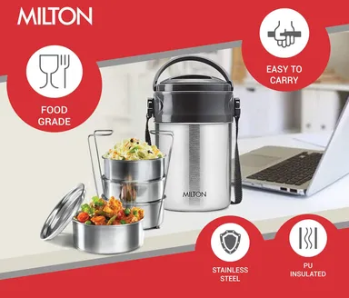 Milton Steel On 4 Tier Stainless Steel Lunch Box 360 ml Each PU Insulated Hot & Cold Tiffin for Office College Picnic Meal Prep, Silver thumbnail 5