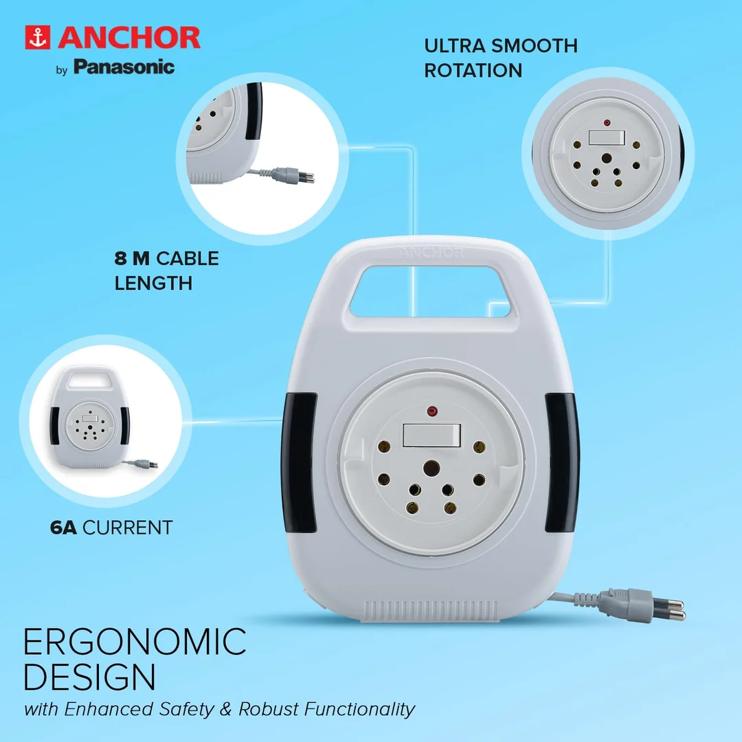Anchor by Panasonic 6A 2‑Pin 8m Extension Flex Box with Handle & LED Indicator for Home & Office (Model 5219) image 2