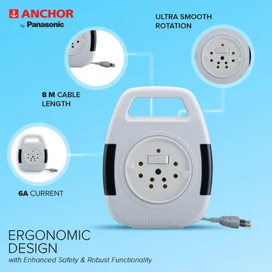 Anchor by Panasonic 6A 2‑Pin 8m Extension Flex Box with Handle & LED Indicator for Home & Office (Model 5219) thumbnail 1
