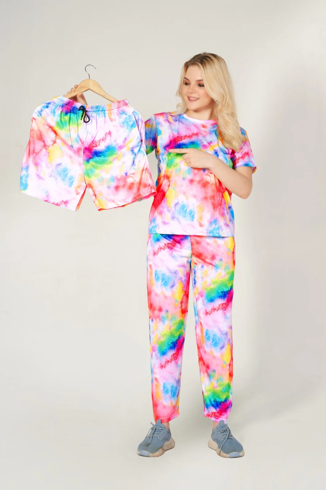 Women’s Tie-Dye Lounge Set Size S | Short Sleeve Top & Full-Length Pants | Comfortable Cotton Blend Sleepwear & Casual Wear | Multicolor image 1