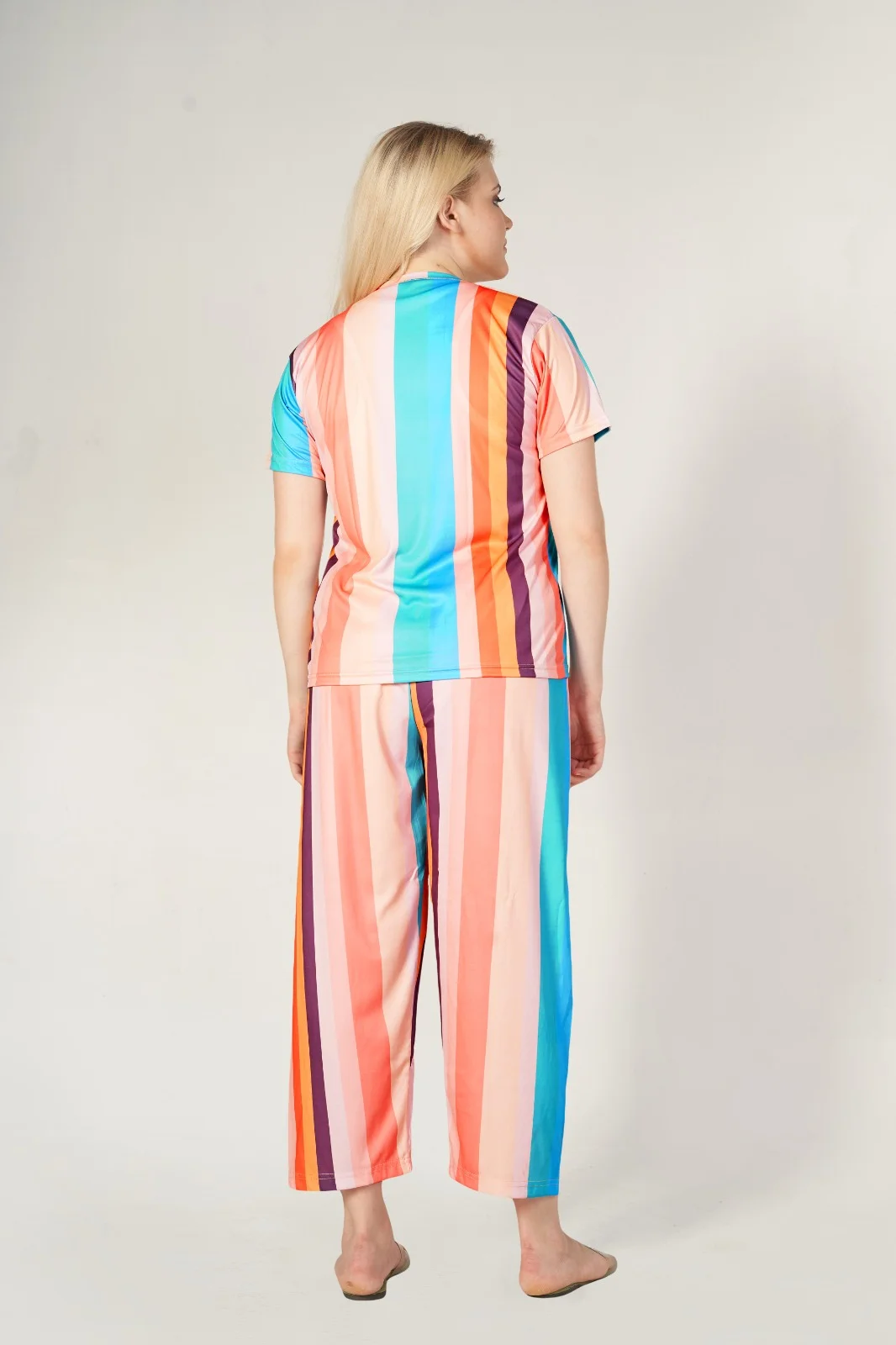 Women Multicolour Vertical Stripe Casual Co‑Ord Set L Size with Short Sleeve Top and Ankle‑Length Pants Vibrant Summer Outfit for Everyday, Travel, College, Work, Weekend Fashion image 2