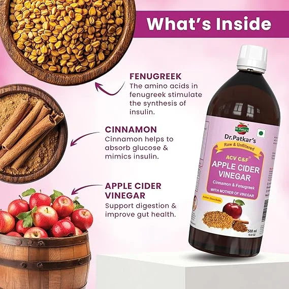 Dr. Patkar's Apple Cider Vinegar with Cinnamon & Fenugreek | Unfiltered & Undiluted | Suitable for Sugar Control with Improved Immunity & Lowers Bad Cholesterol (With Mother) 500ml image 5