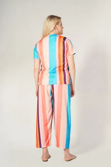 Women Multicolour Vertical Stripe Casual Co‑Ord Set XL Size with Short Sleeve Top and Ankle‑Length Pants Vibrant Summer Outfit for Everyday, Travel, College, Work, Weekend Fashion thumbnail 1