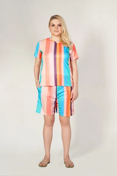 Women Multicolour Vertical Stripe Casual Co‑Ord Set XL Size with Short Sleeve Top and Ankle‑Length Pants Vibrant Summer Outfit for Everyday, Travel, College, Work, Weekend Fashion thumbnail 2