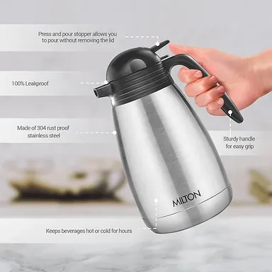 Milton Thermosteel Carafe 1500 ml Stainless Steel Double Walled Vacuum Insulated Flask with Lid and Handle | Hot Cold Retention Leak Proof Easy Carry thumbnail 3