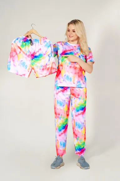 Women’s Tie-Dye Lounge Set Size XXL | Short Sleeve Top & Full-Length Pants | Comfortable Cotton Blend Sleepwear & Casual Wear | Multicolor thumbnail 0