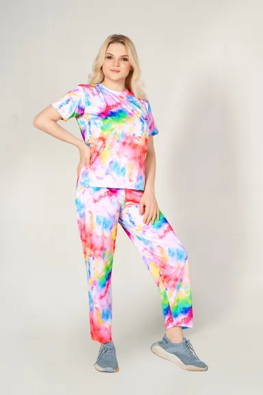 Women’s Tie-Dye Lounge Set Size XXXL | Short Sleeve Top & Full-Length Pants | Cotton Blend | Multicolor thumbnail 1
