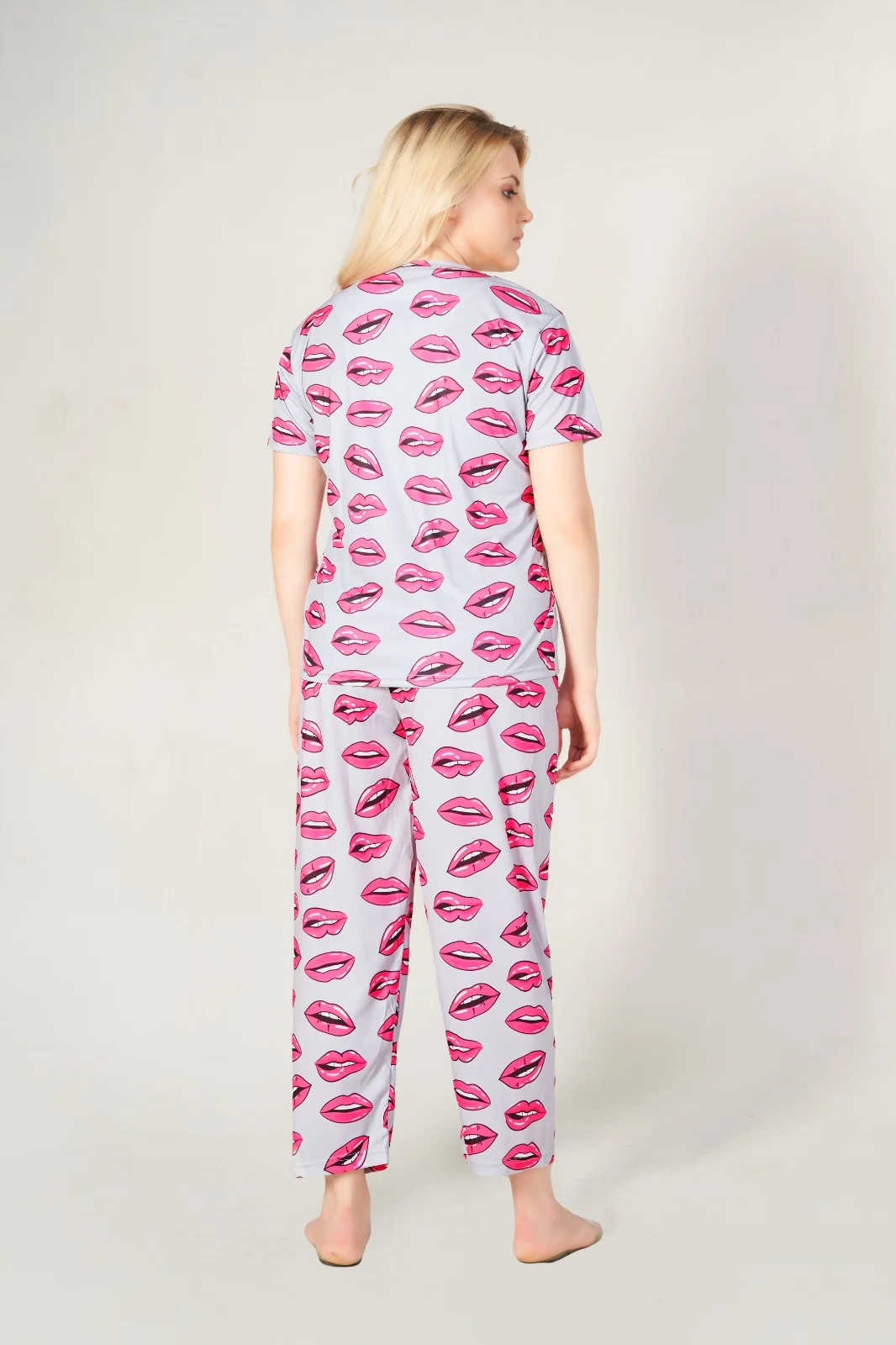 Women Printed Grey & Pink Top & Pyjama Set Loungewear Comfortable Daily Wear Casual Sleepwear for Summer College Travel Size L image 3