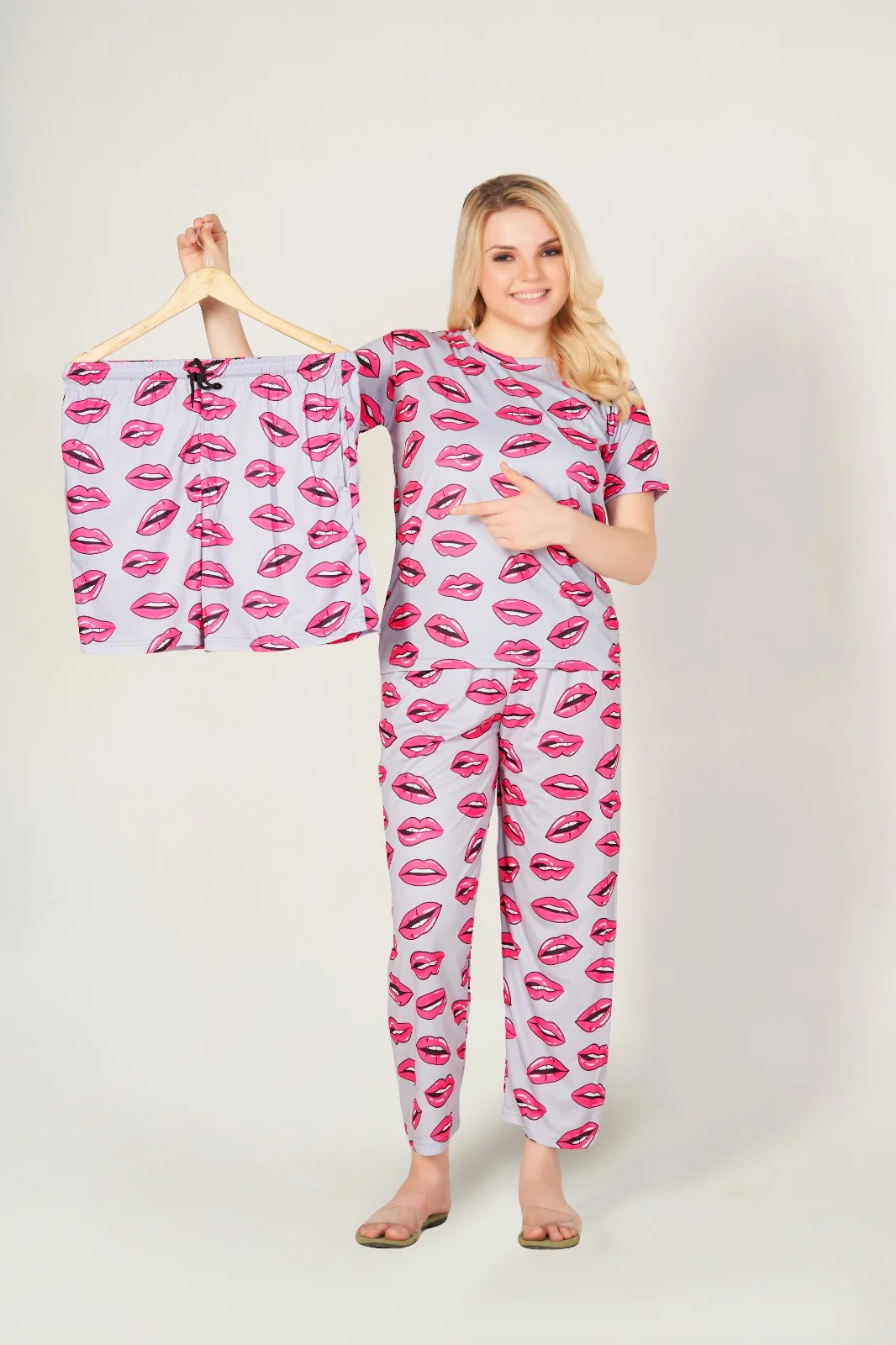 Women Printed Grey Pink Top & Pyjama Set Casual Cotton Blend Daily Wear Lounge Outfit Comfortable Stylish S Size image 1