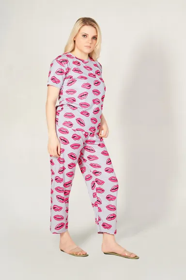 Women Printed Grey Pink Top & Pyjama Set Casual Cotton Blend Daily Wear Lounge Outfit Comfortable Stylish S Size thumbnail 1