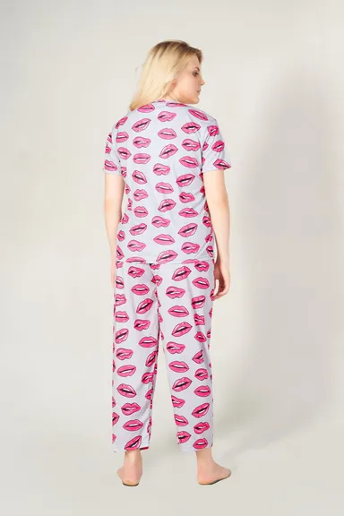 Women Printed Grey Pink Top & Pyjama Set Casual Cotton Blend Daily Wear Lounge Outfit Comfortable Stylish S Size thumbnail 2